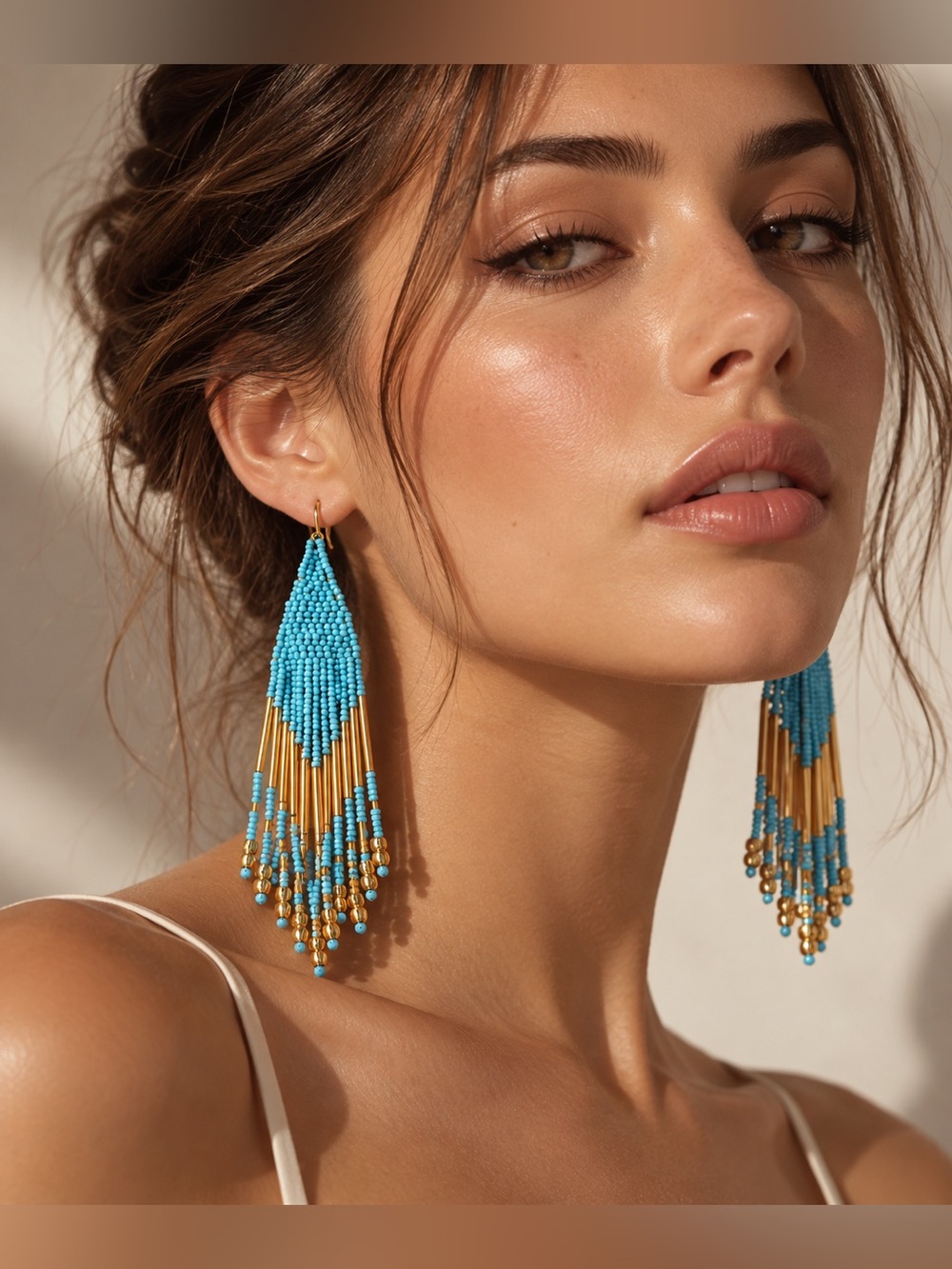 Rare Anthropologie Turquoise Beaded Statement Earrings Gold Tone Boho Dangle - Picture 4 of 4